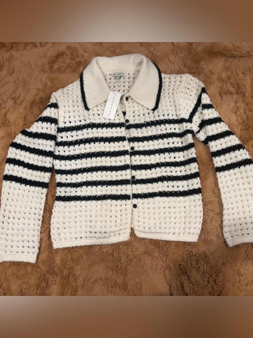 Striped Open Knit Collared Cardigan Moon River NWT Black Cream Preppy Textured